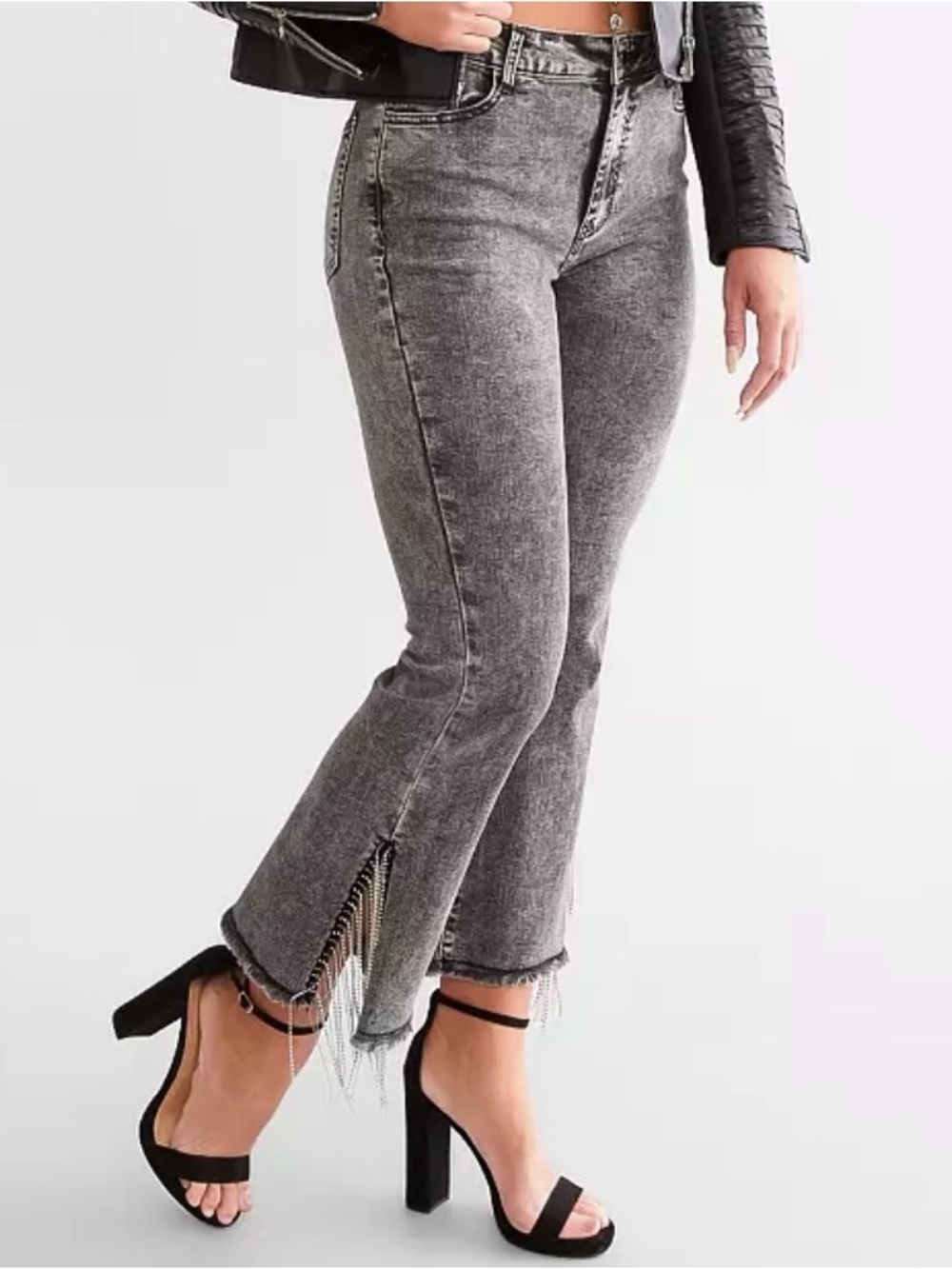 High-Rise Gray Cropped Jeans with Fringe Chain Trim - Picture 2 of 4